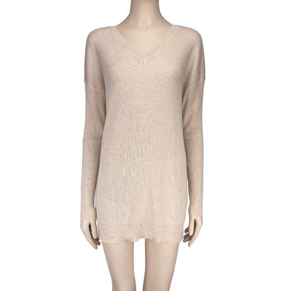 Filippa K Quiet Luxury Neutral Oat Drapey Tunic Ribbed V-Neck Beige Top Sz XS - Picture 1 of 9